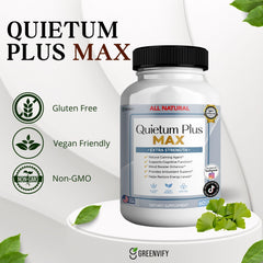 GREENVIFY Quietum Plus Max with ginseng and ginkgo emphasizes natural balance and focus.