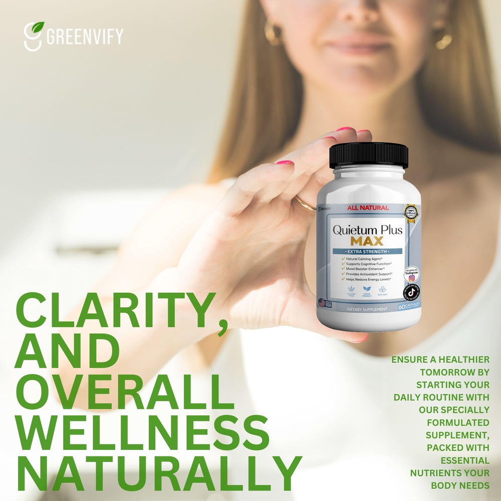 GREENVIFY Quietum Plus Max label close-up underlines quality manufacturing standards.