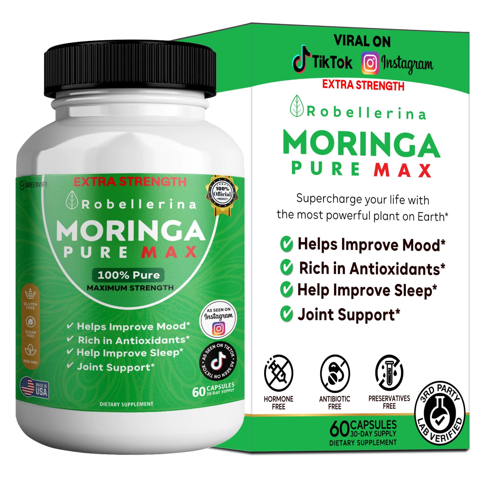 GreenVify Robellerina Moringa Pure Max bottle close-up for daily wellness.