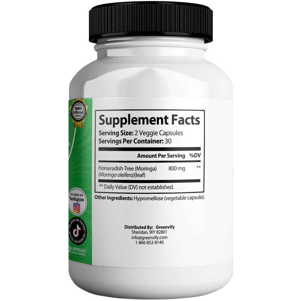 GreenVify Robellerina Moringa Pure Max dosage guidance with two capsules per serving.