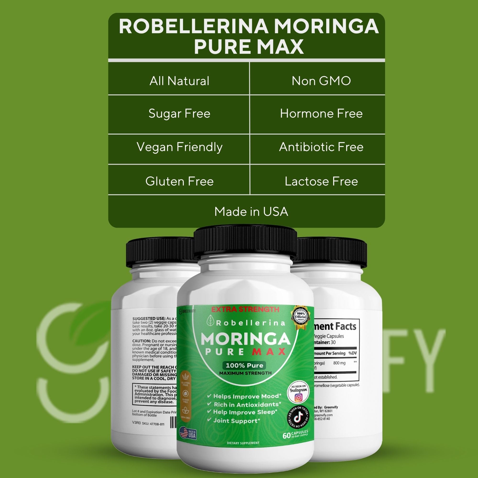 GreenVify Robellerina Moringa Pure Max label close-up showing gluten-free and non-GMO.