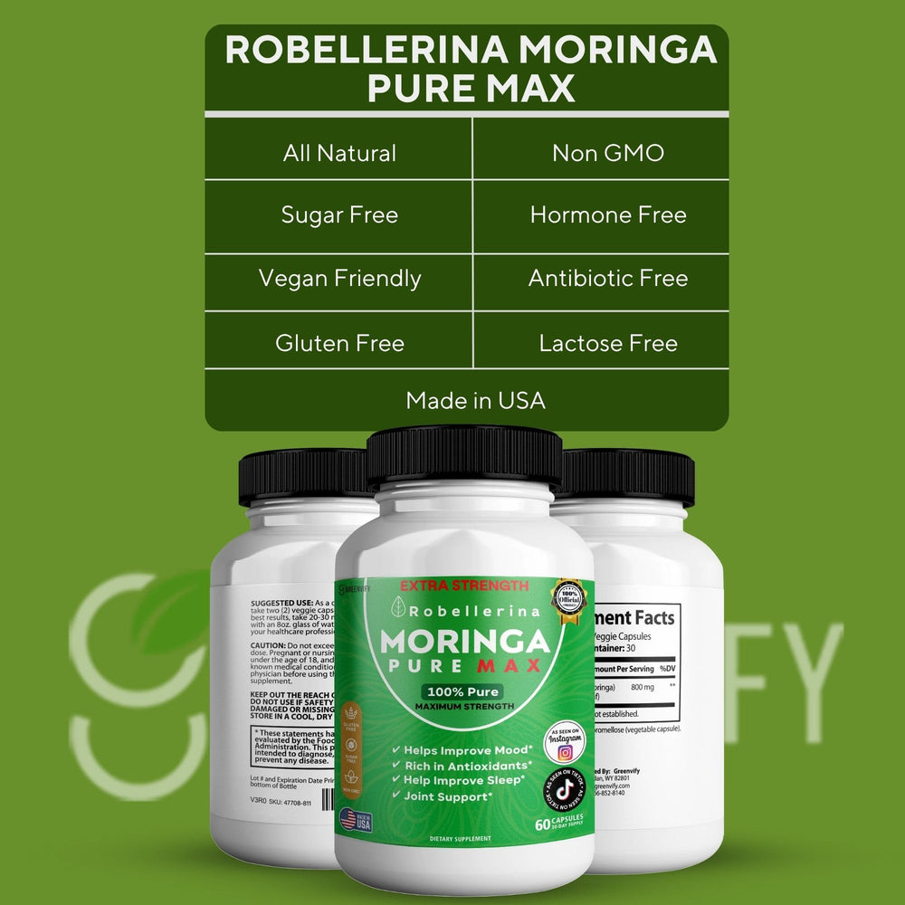 GreenVify Robellerina Moringa Pure Max label close-up showing gluten-free and non-GMO.