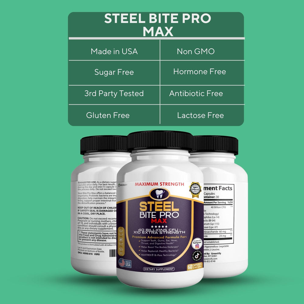GREENVIFY Steel Bite Pro Max label closeup highlighting ingredients