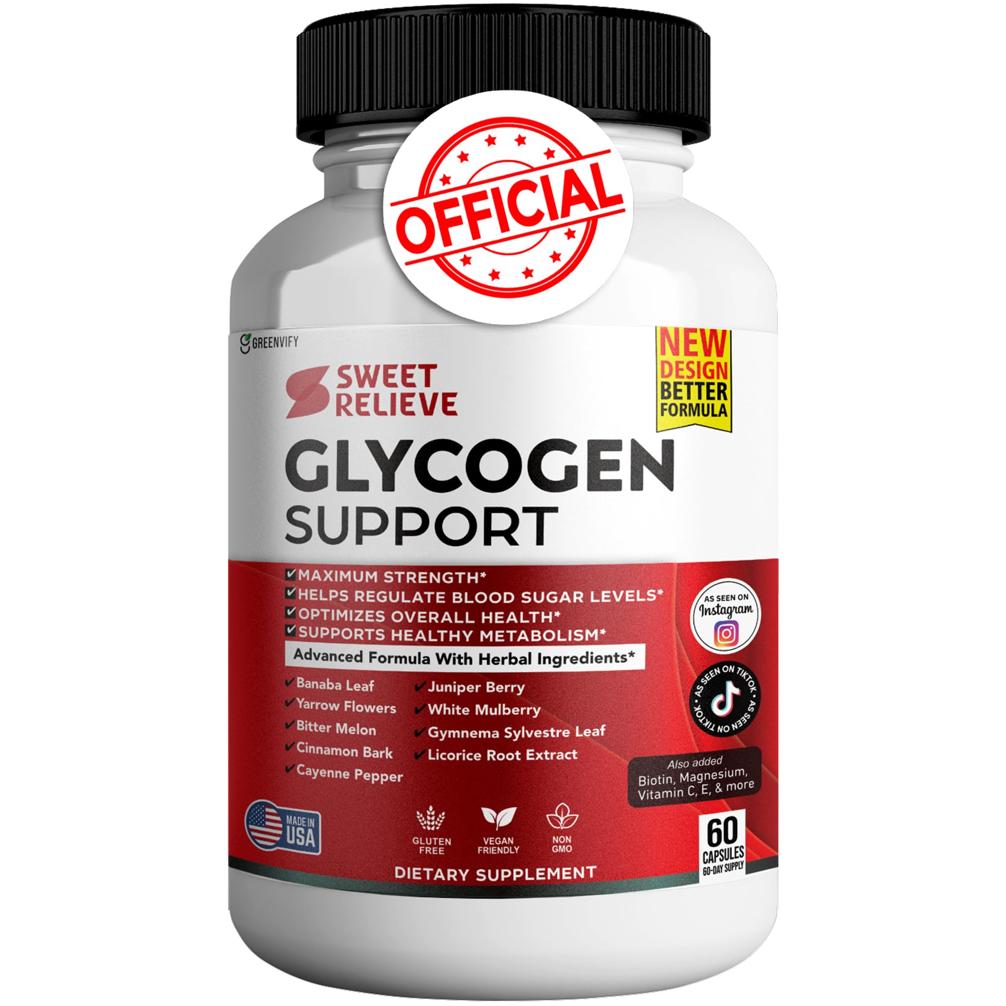 GREENVIFY Sweet Relieve glycogen bottle with easy-to-swallow capsules for daily support.