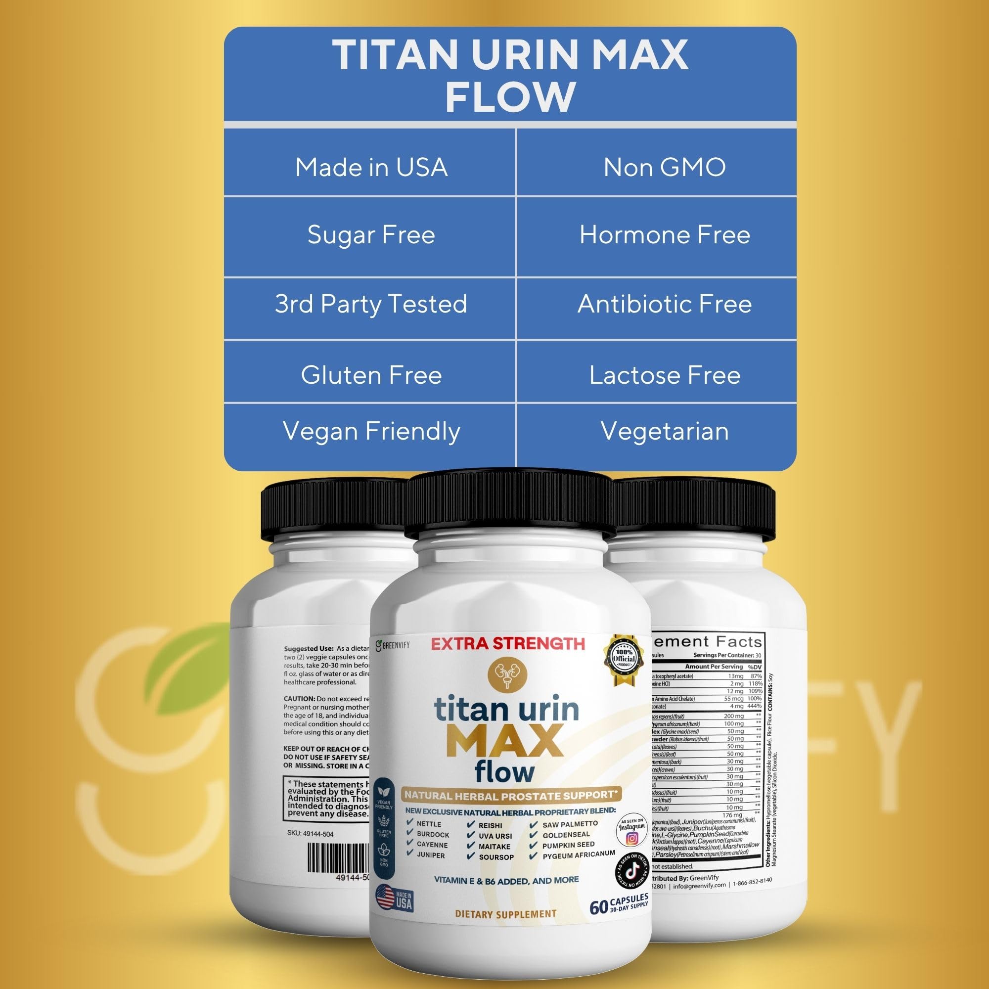 Label detail for Greenvify Titan Urin Max Flow highlighting Saw Palmetto and vitamins