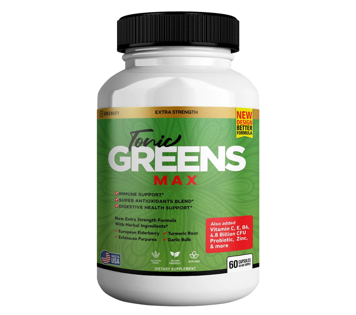 GREENVIFY Tonic Greens Max elderberry bottle highlighting immune support and antioxidant potential