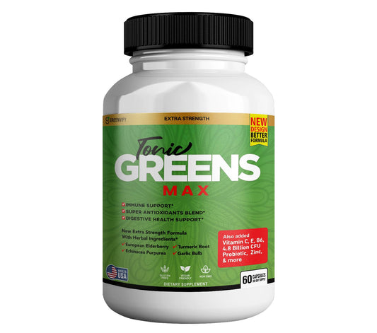 GREENVIFY Tonic Greens Max elderberry bottle highlighting immune support and antioxidant potential