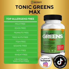 GREENVIFY Tonic Greens Max probiotics bottle emphasizing gut health support