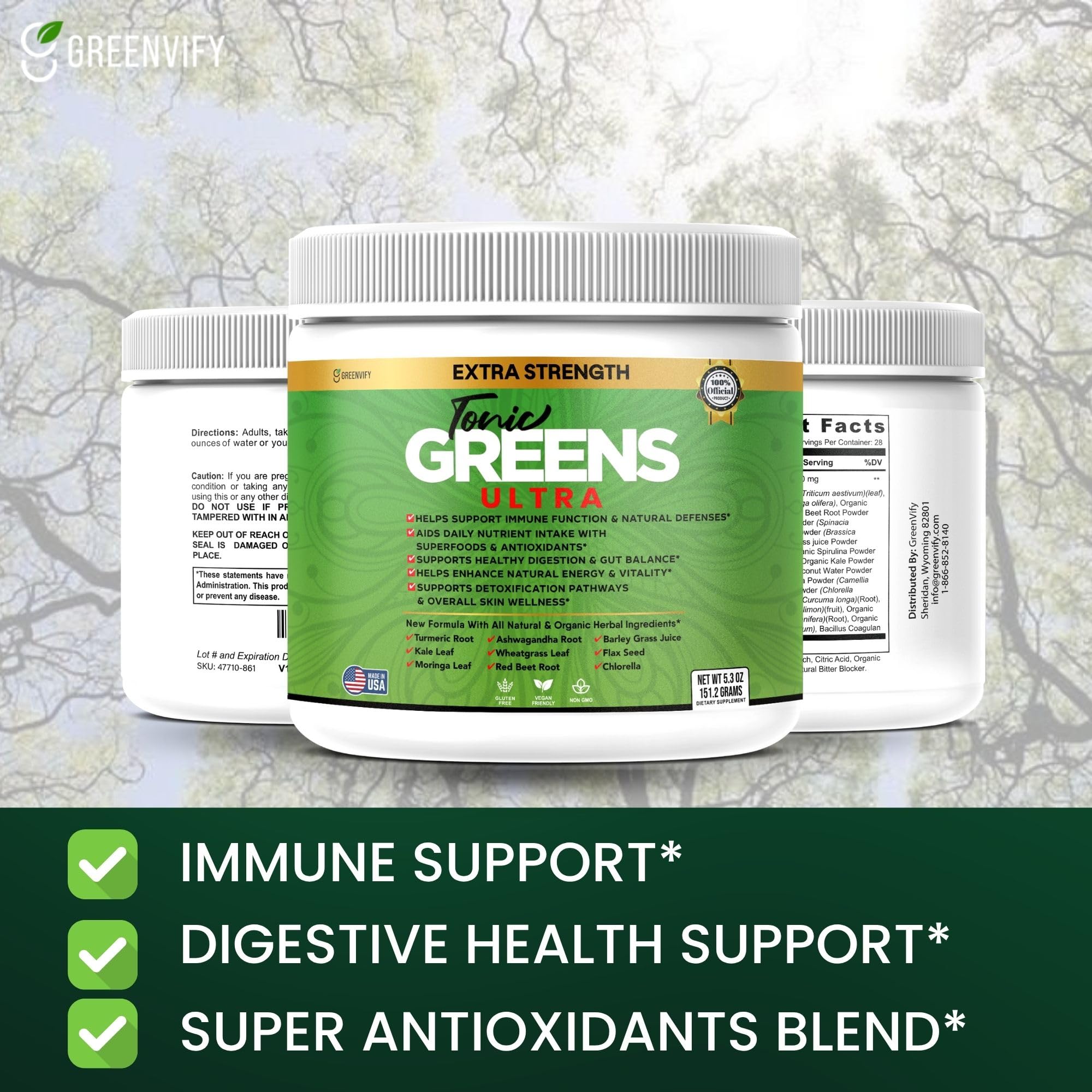GREENVIFY Tonic Greens Ultra scoop with water shows quick daily nutrition.