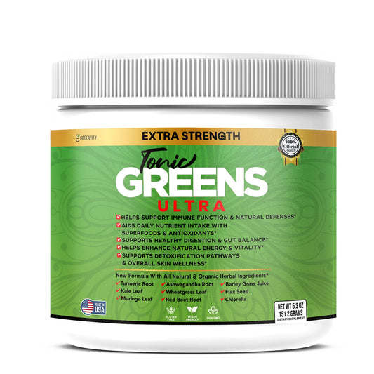 GREENVIFY Tonic Greens Ultra bottle front for daily energy and wellness.
