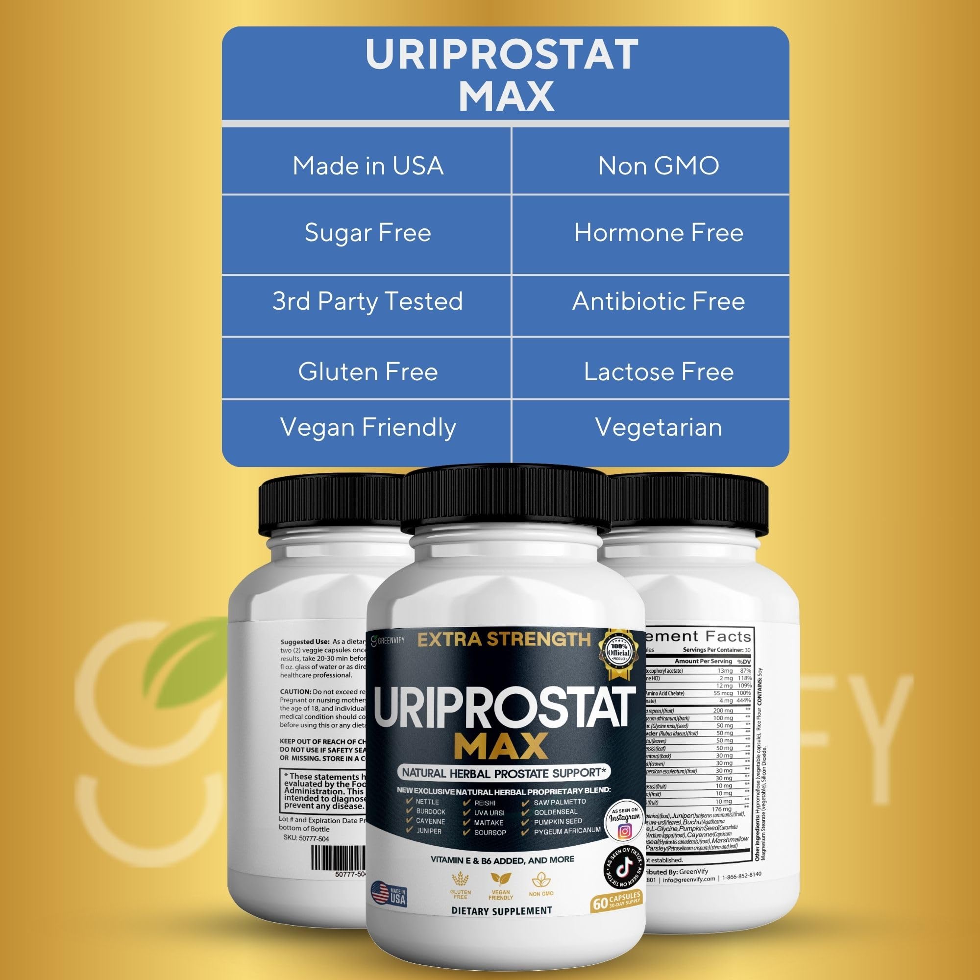 GreenVify Uriprostat Max ingredients visual highlighting saw palmetto and vitamins