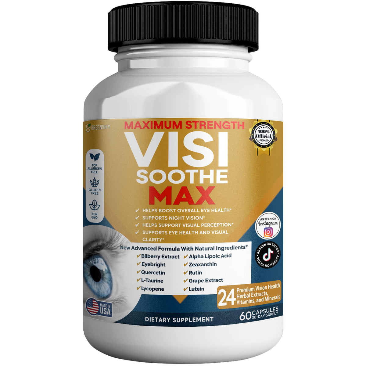 GREENVIFY Vision Soothe Max bottle displaying 24 herbal extracts for daily eye support.