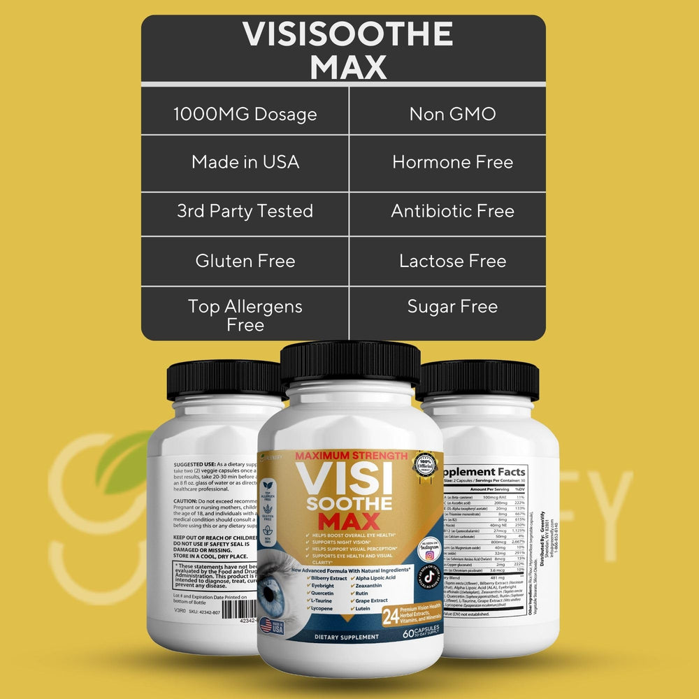 GREENVIFY Vision Soothe Max ingredients list highlights vitamins and minerals for eye function.