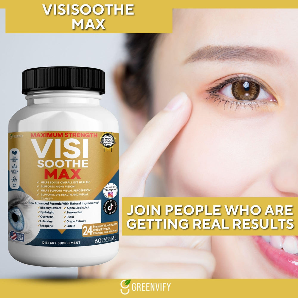 GREENVIFY Vision Soothe Max bottle label emphasizes premium formulation for eye health.
