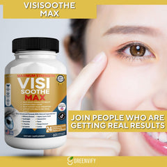 GREENVIFY Vision Soothe Max bottle label emphasizes premium formulation for eye health.