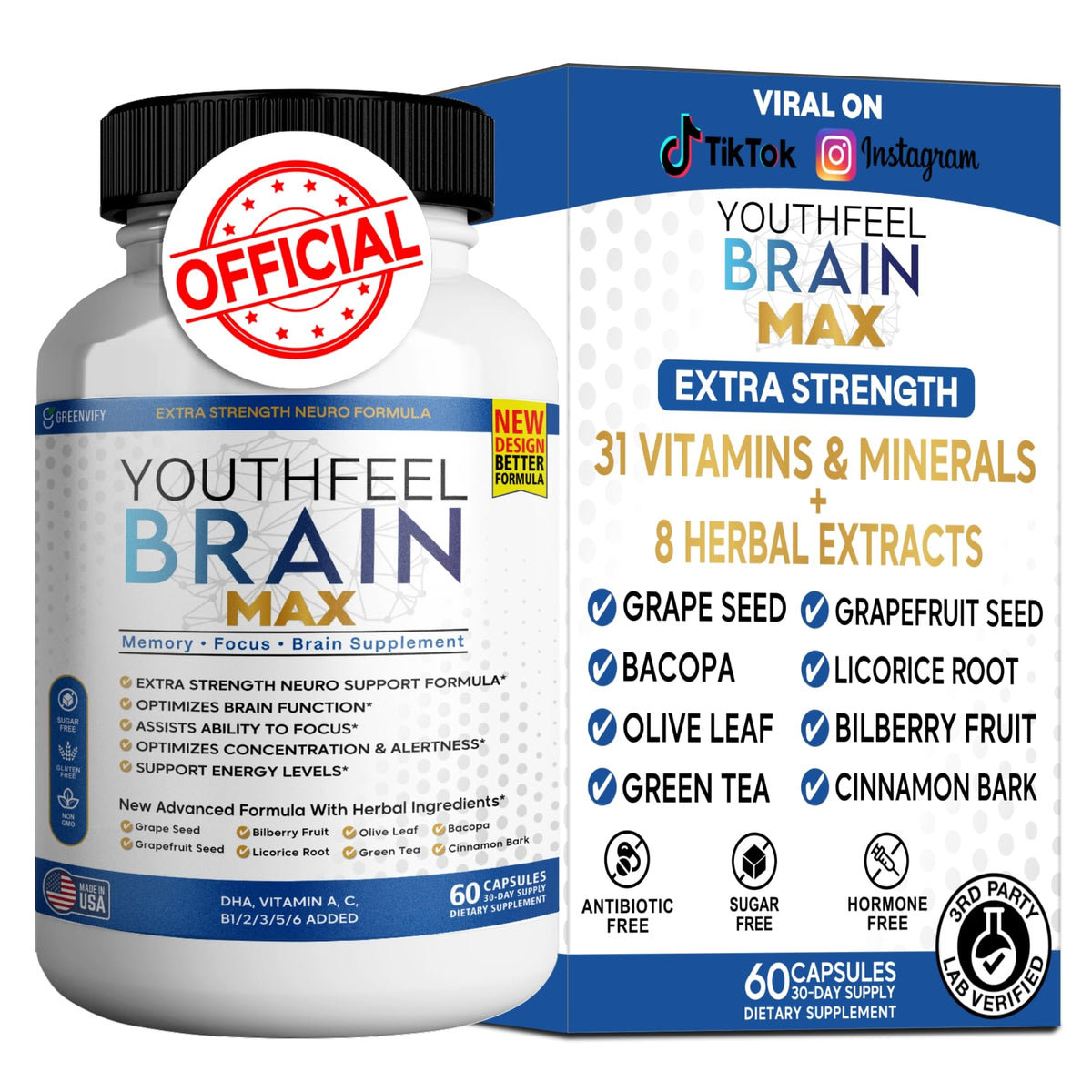 GREENVIFY YouthFeel Brain Max bottle front suggesting enhanced focus and daily brain support