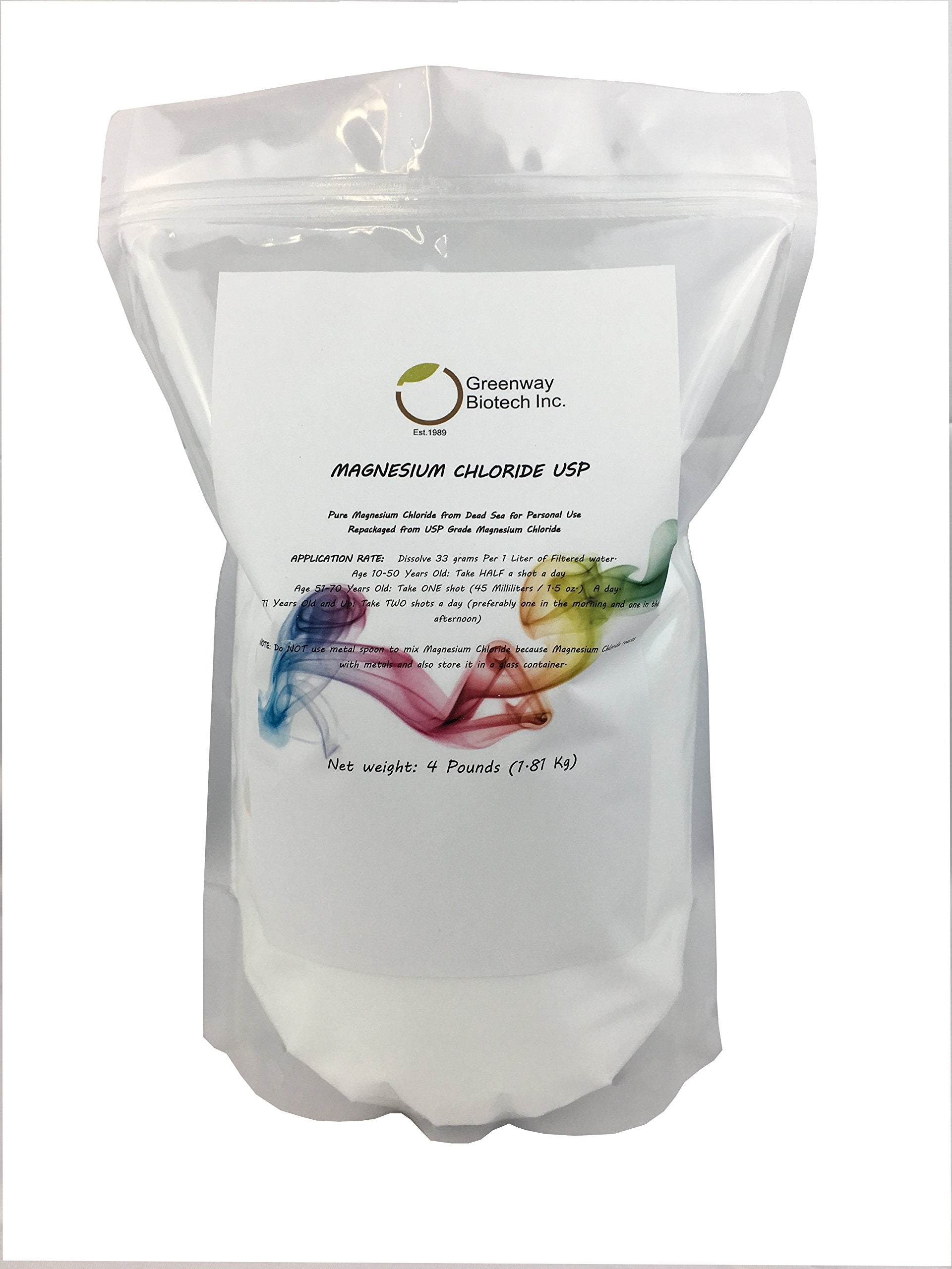 Greenway Biotech Magnesium Chloride powder bottle, convenient daily supplement when dissolved in water or juice.