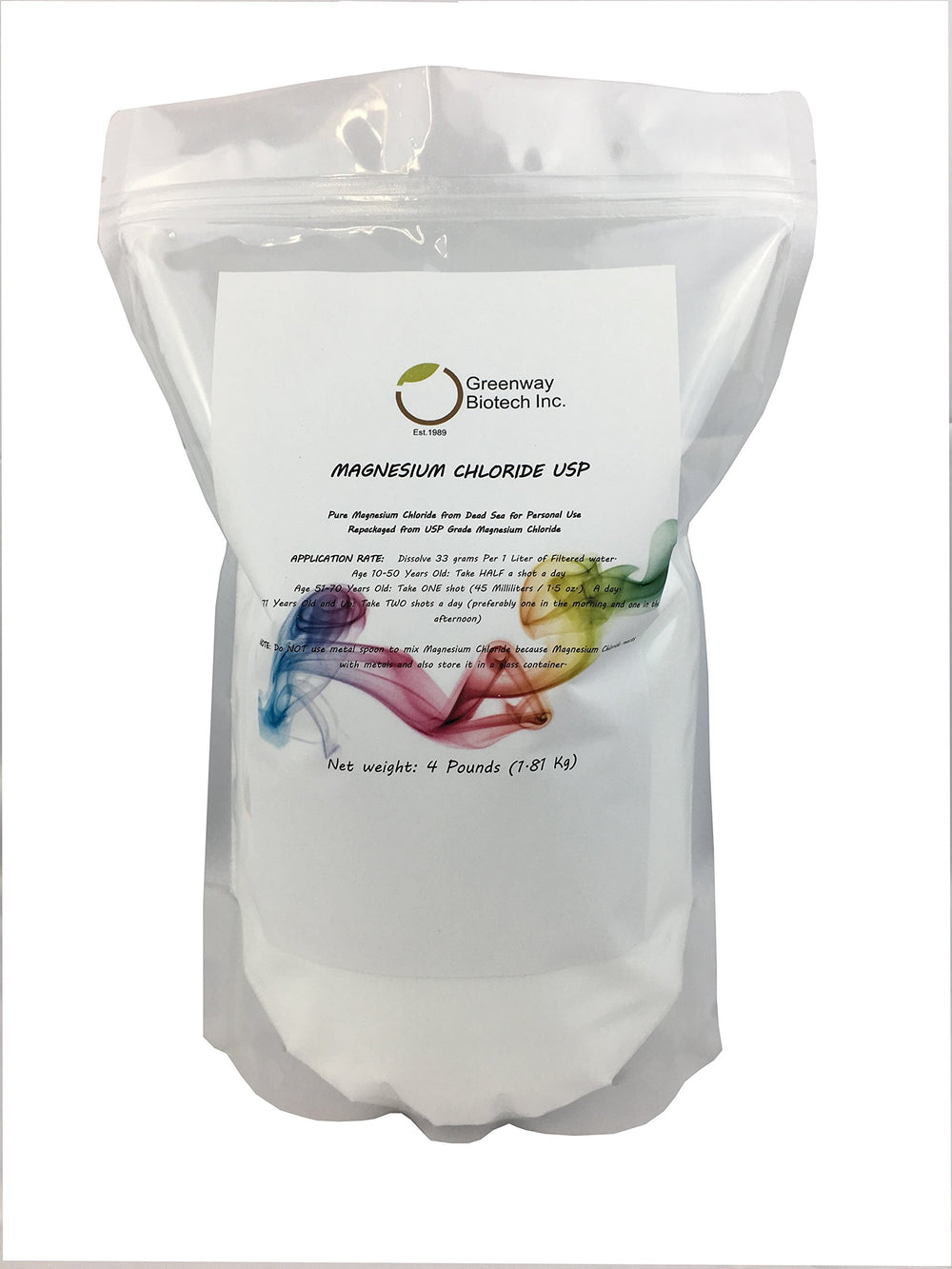 Greenway Biotech Magnesium Chloride powder bottle, convenient daily supplement when dissolved in water or juice.