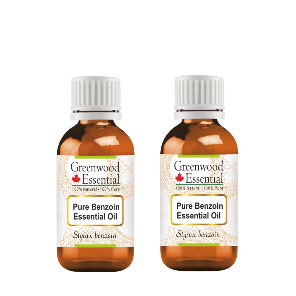 Greenwood Essential Benzoin oil two-pack bottle front view preserves potency for aromatherapy and skin care.