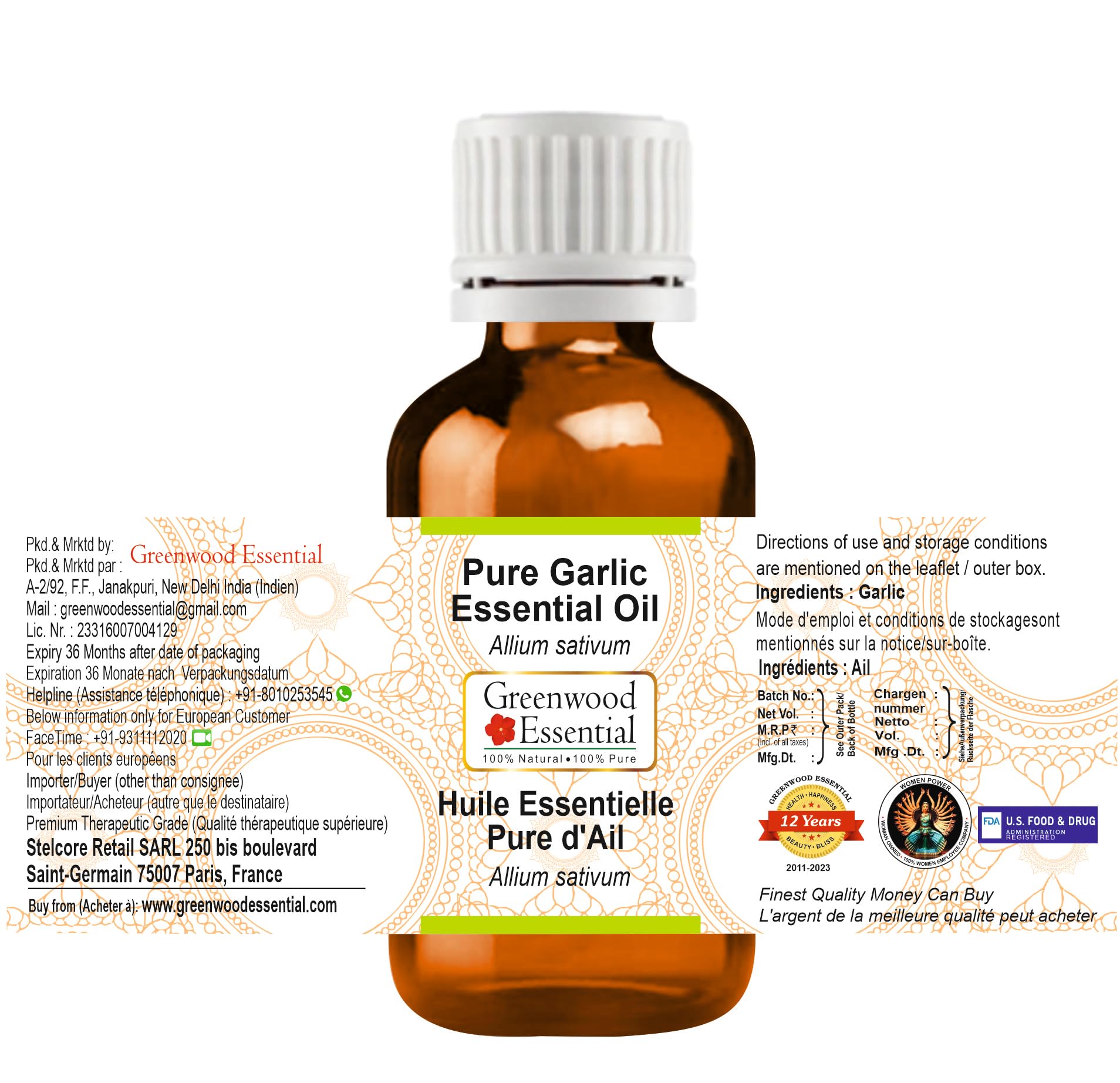 Greenwood Essential garlic oil label highlights Allium sativum and steam-distillation purity