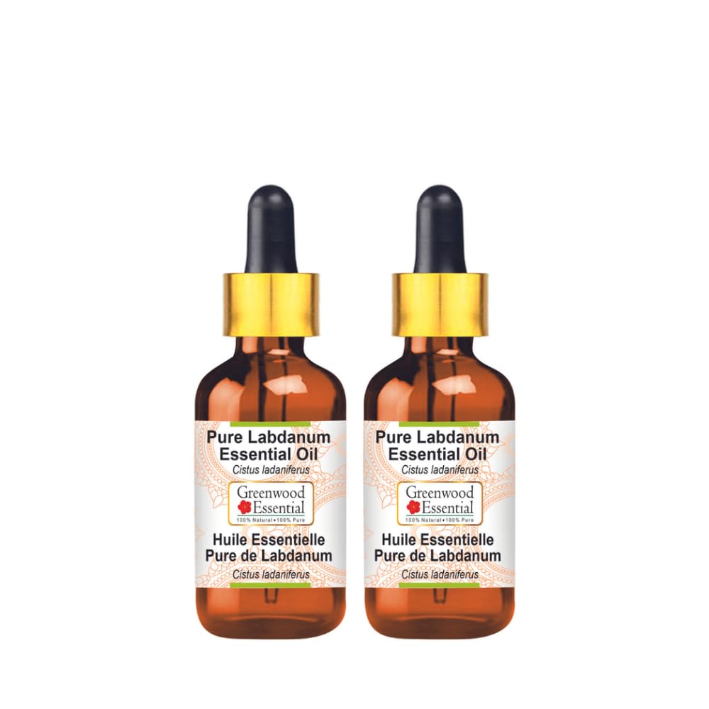 Greenwood Essential Labdanum oil bottle close-up in amber glass preserves potency.