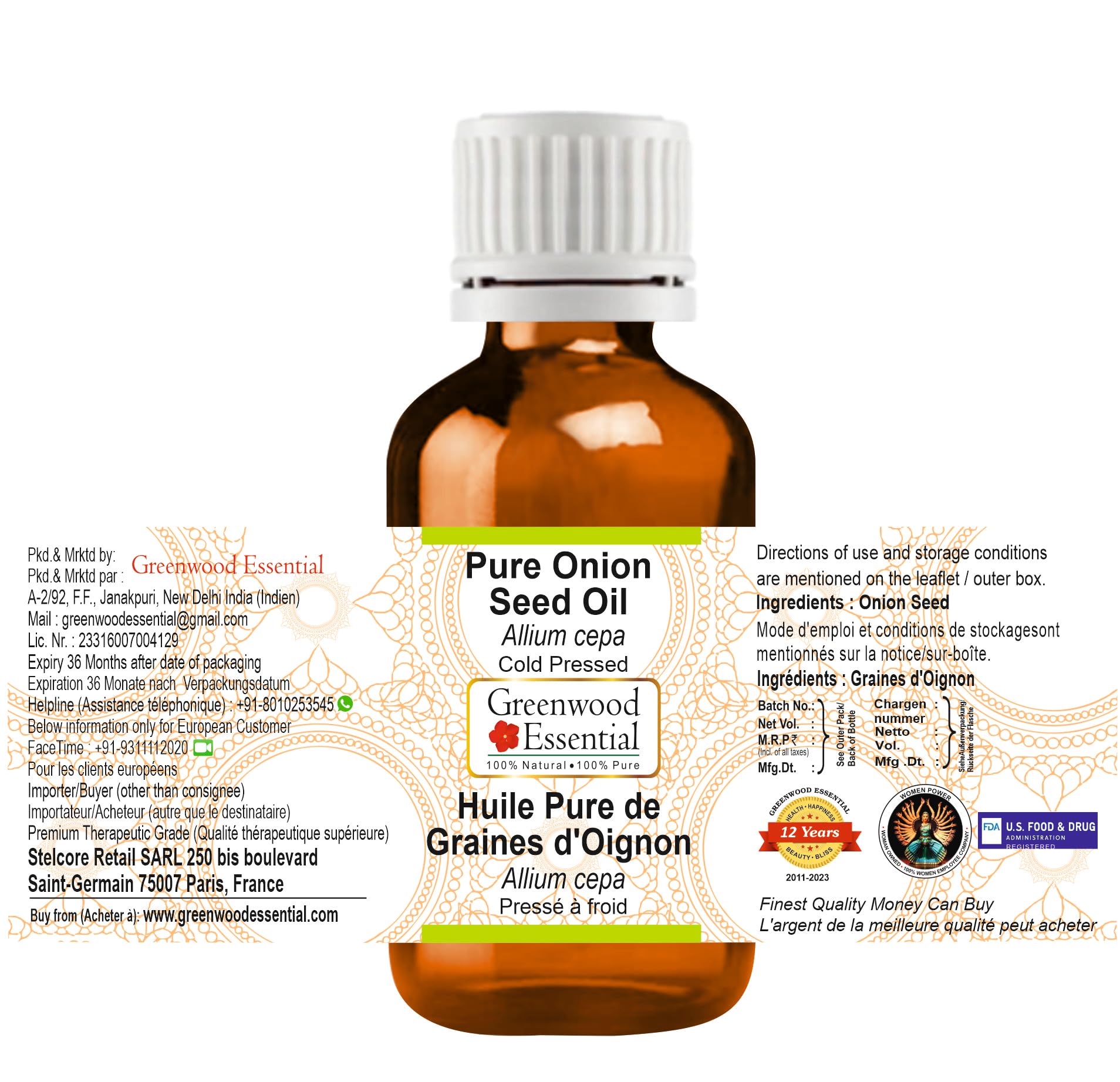 Closeup of Greenwood Essential onion seed oil amber bottle highlighting purity and minimal fragrance.