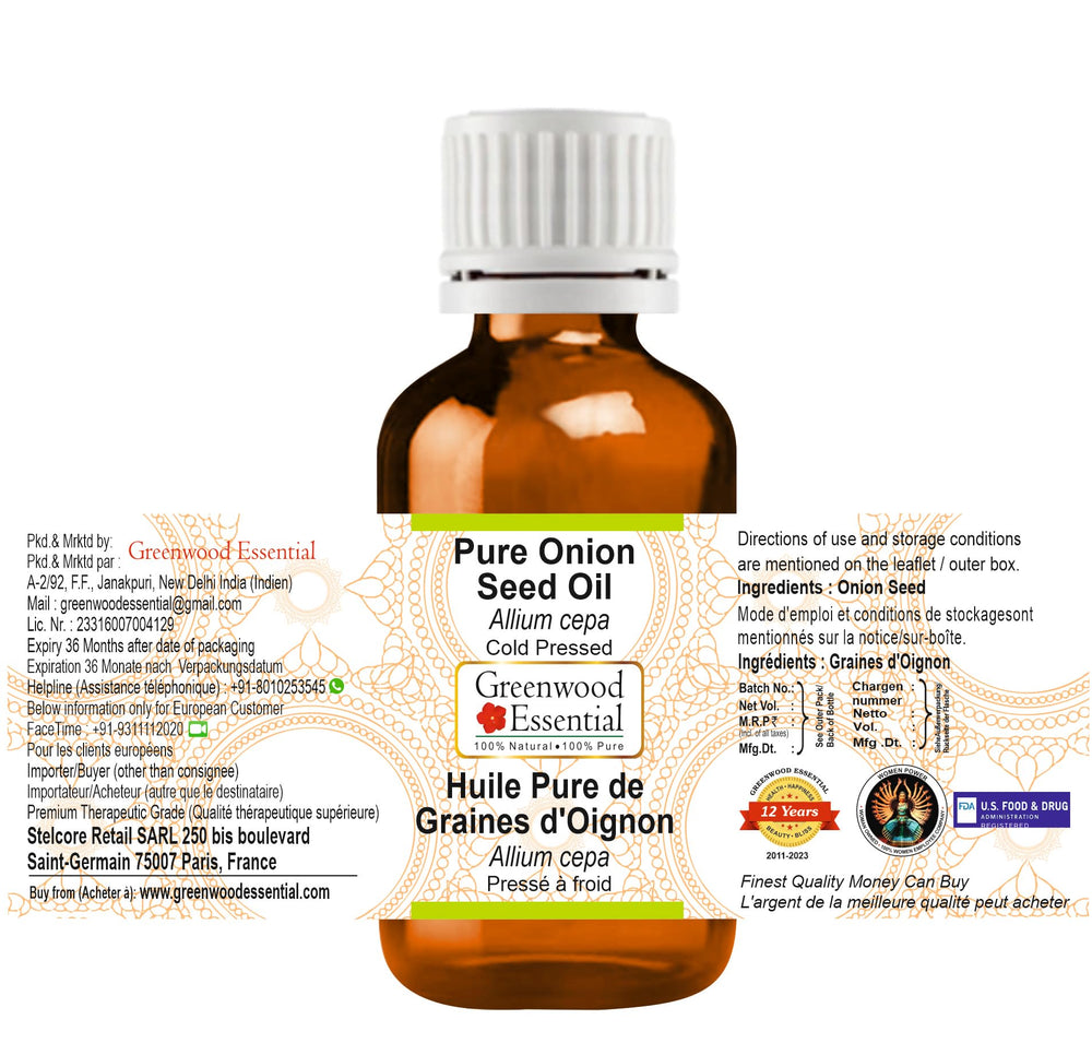 Closeup of Greenwood Essential onion seed oil amber bottle highlighting purity and minimal fragrance.