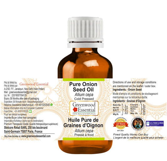 Closeup of Greenwood Essential onion seed oil amber bottle highlighting purity and minimal fragrance.