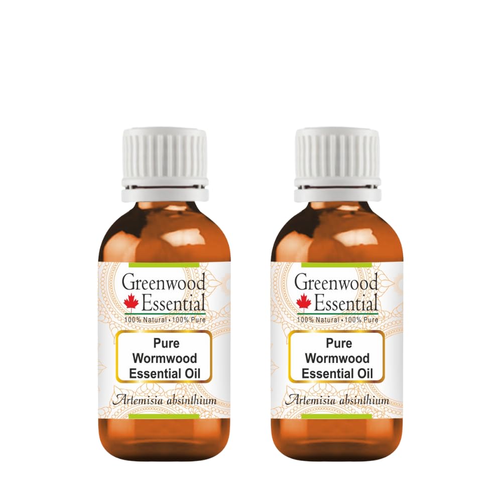 Greenwood Essential Wormwood essential oil bottle in amber glass for aromatherapy and skincare routines.