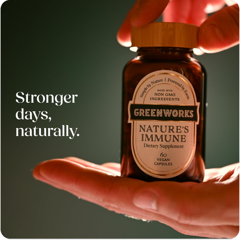 Greenworks Nature's Immune organic elderberry closeup emphasizing antioxidants and traditional use.