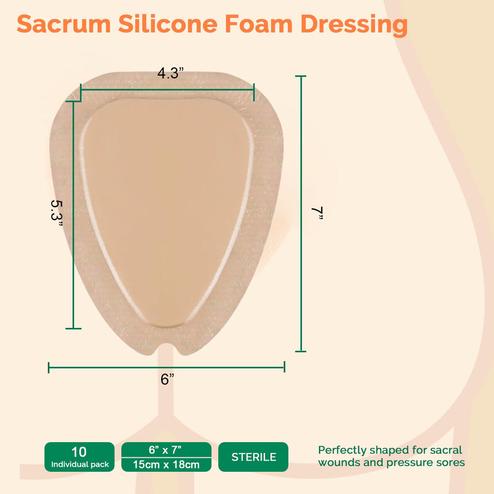 Greetmed sacrum foam dressing close-up shows non-stick silicone contact layer for painless dressing changes