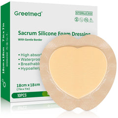 Greetmed Sacrum Foam Dressing Border 7x7 packaging for sterile, ready-to-use care
