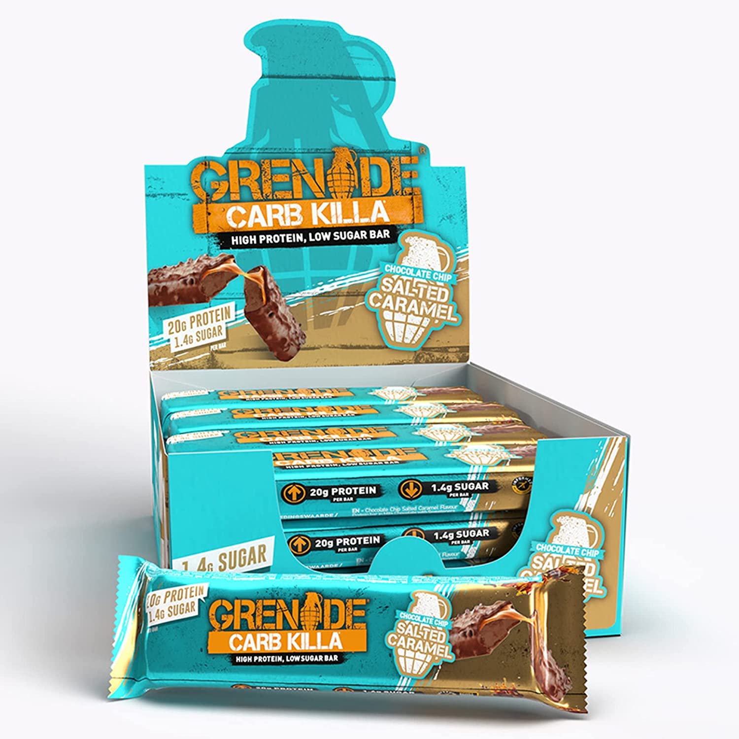 Grenade Carb Killa chocolate chip salted caramel bar, protein-rich snack for active days.