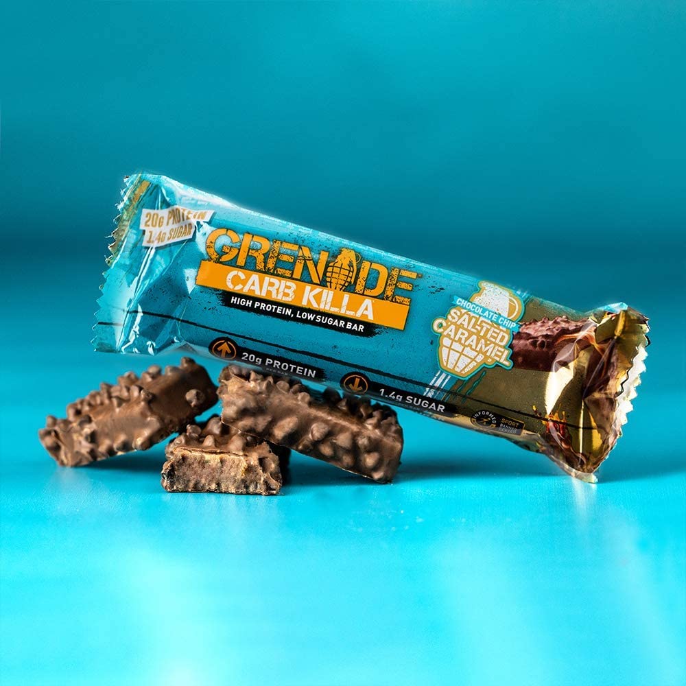 Grenade Carb Killa bar sliced to show texture and chips.