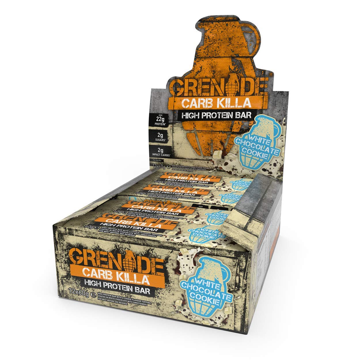 Grenade Carb Killa White Chocolate Cookie Bar packaging for on-the-go snacking.