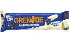 Grenade Oreo White Bar 60g serving suggests convenient post-workout or mid-day protein.