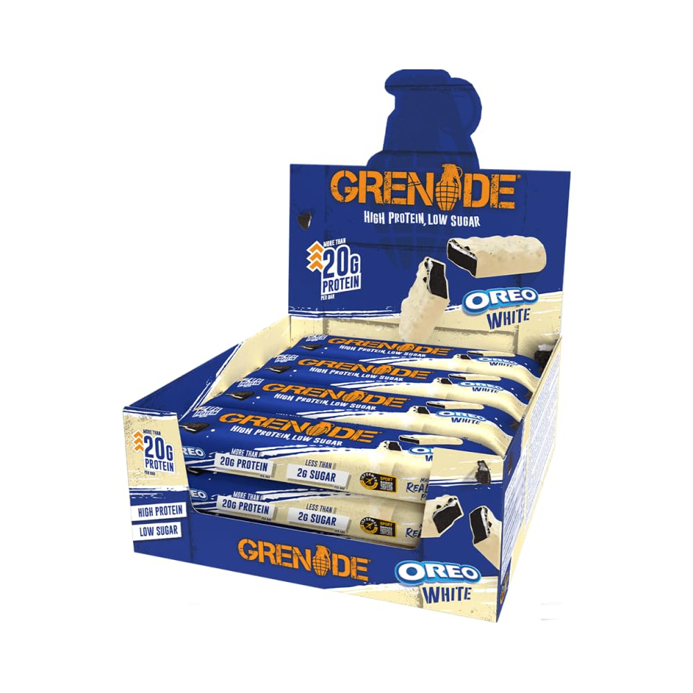 Grenade Oreo White Bar pack shot highlighting a high protein, low sugar snack option.