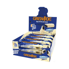 Grenade Oreo White Bar pack shot highlighting a high protein, low sugar snack option.