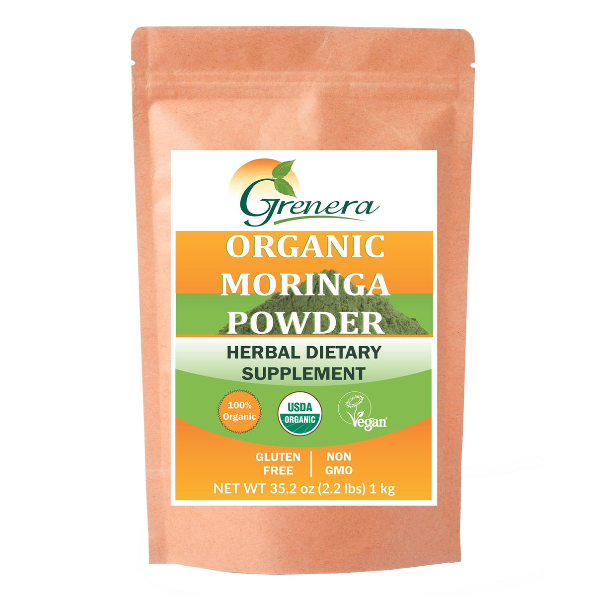 Grenera Moringa powder canister for smoothies and bowls.