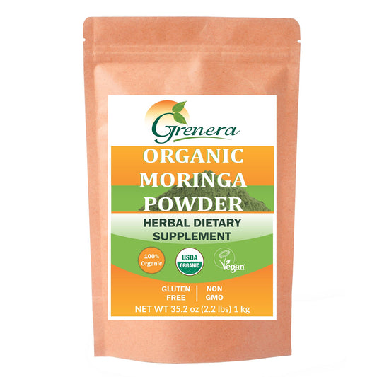 Grenera Moringa powder canister for smoothies and bowls.
