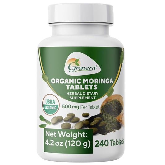 Grenera Moringa 240-count bottle for convenient daily wellness.