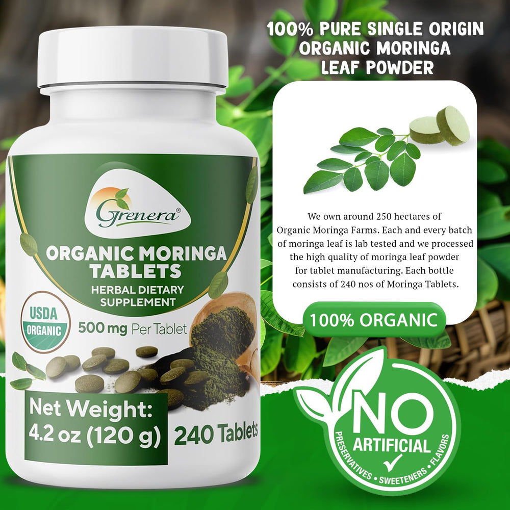 Grenera packaging label close-up emphasizing organic and vegan certifications.