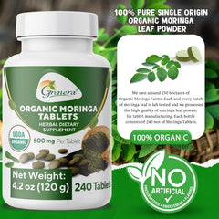 Grenera packaging label close-up emphasizing organic and vegan certifications.
