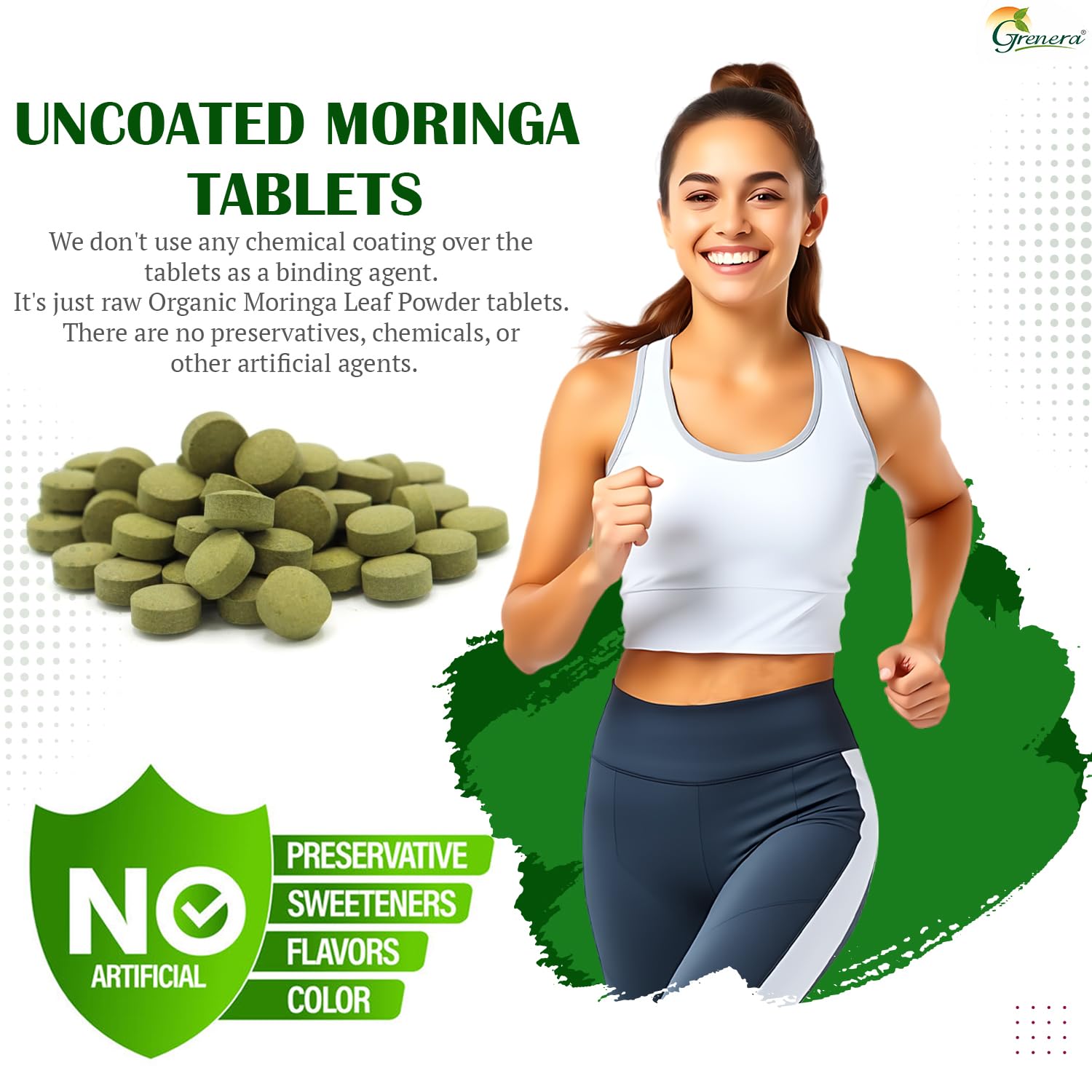 Grenera Moringa tablets uncoated close-up showing pure leaf powder.