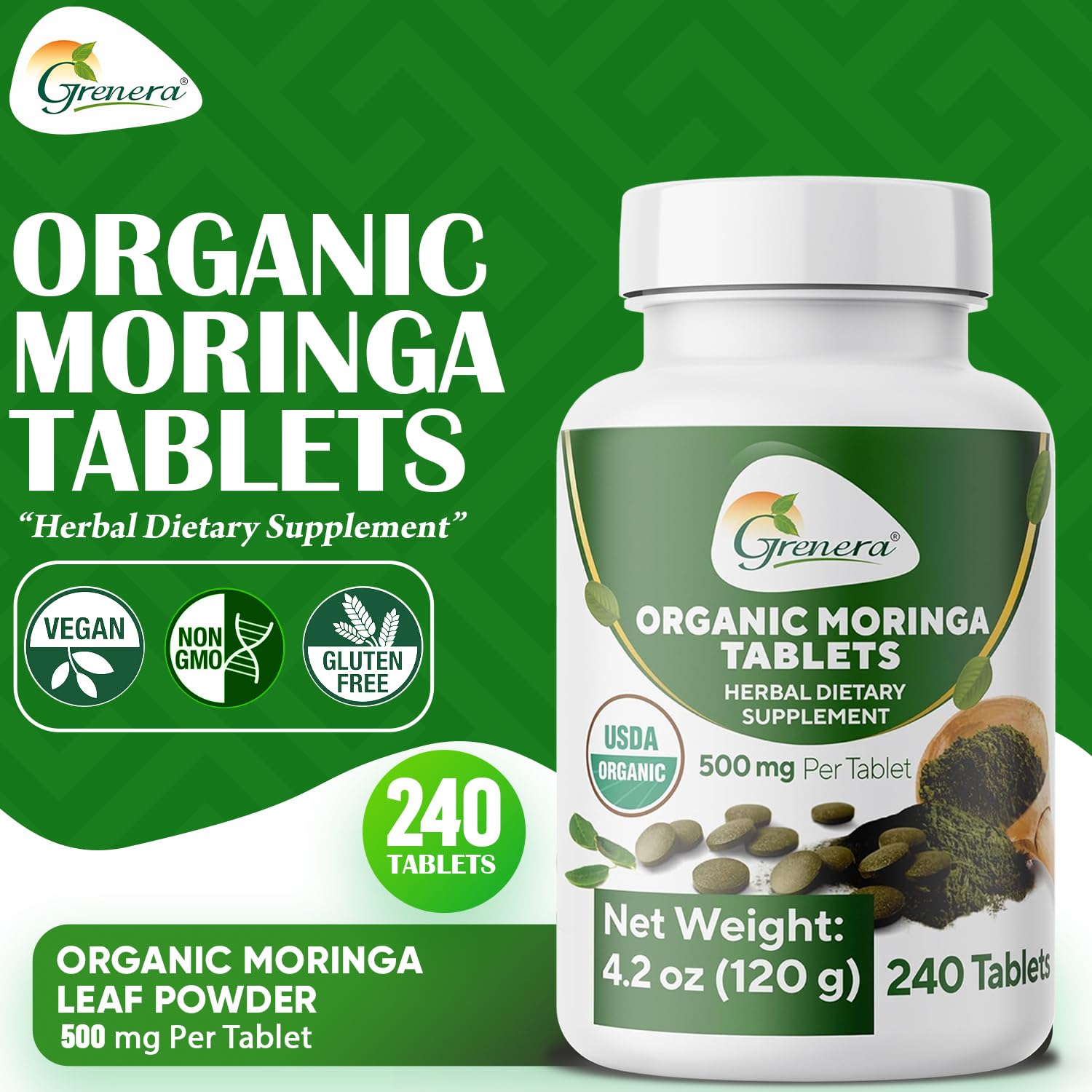 Grenera Organic Moringa leaf powder on label indicating certifications.