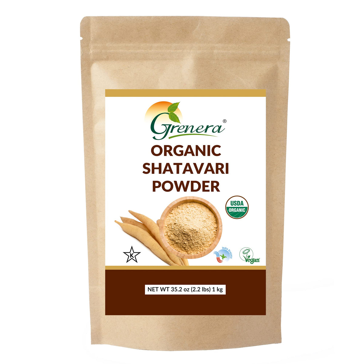 Grenera Shatavari powder tub showing premium organic root-based supplement for daily use.