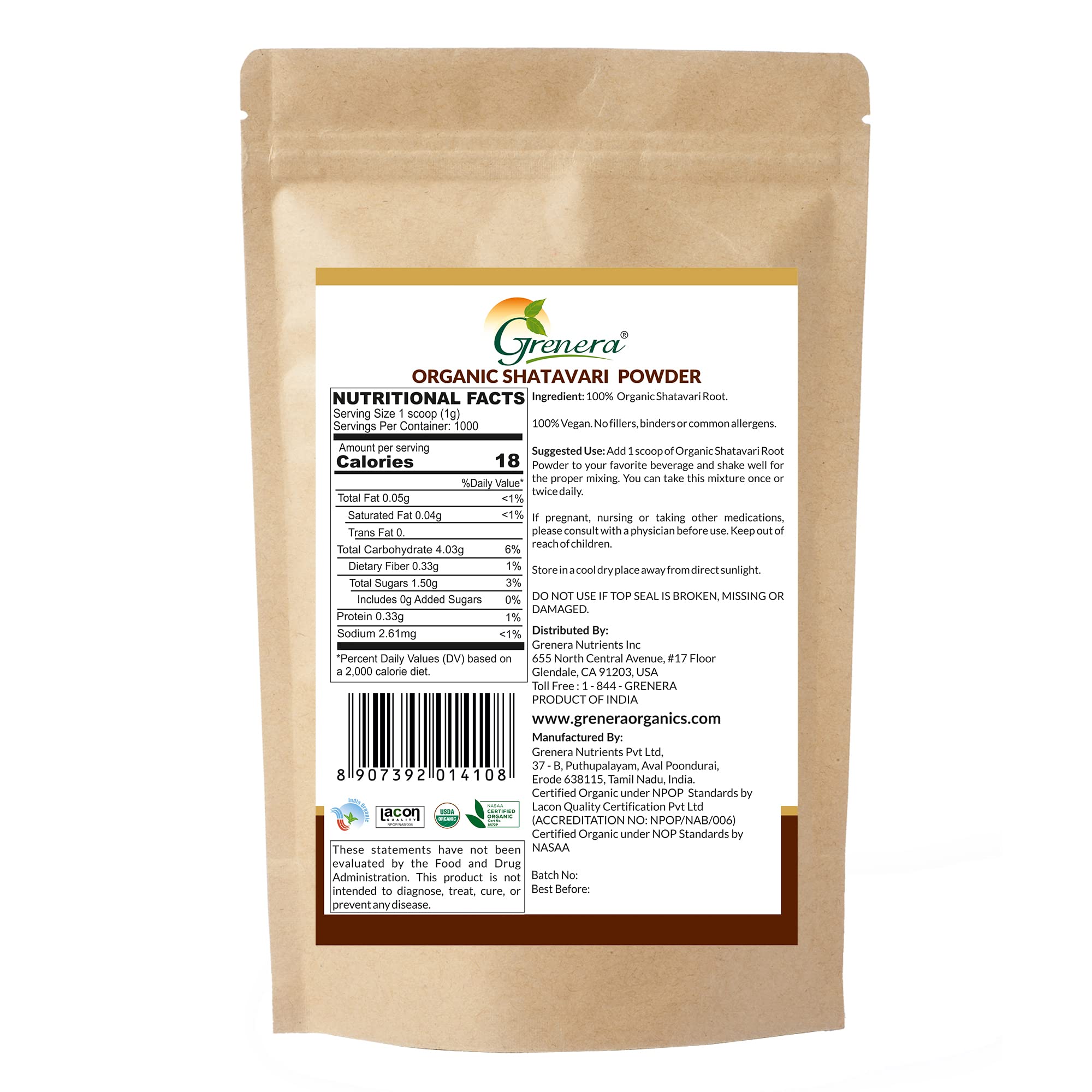 Grenera Shatavari root illustration highlights natural root-based powder for daily wellness.