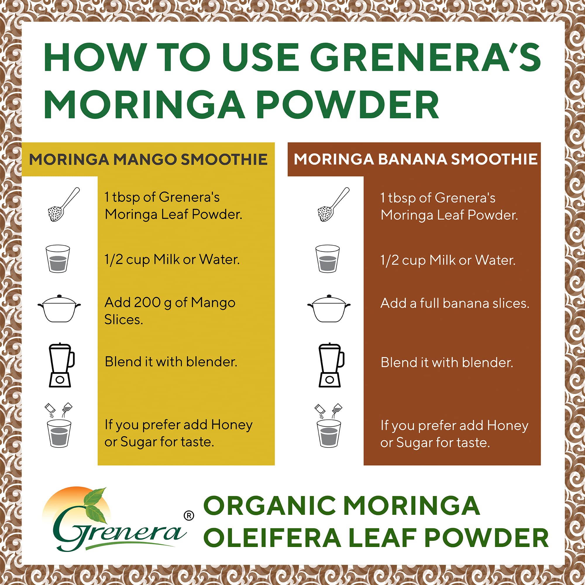 Grenera smoothie and tea usage shows versatile serving ideas.