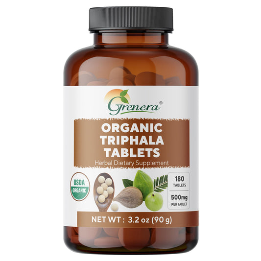 Grenera Triphala tablets bottle shown for daily wellness routine.