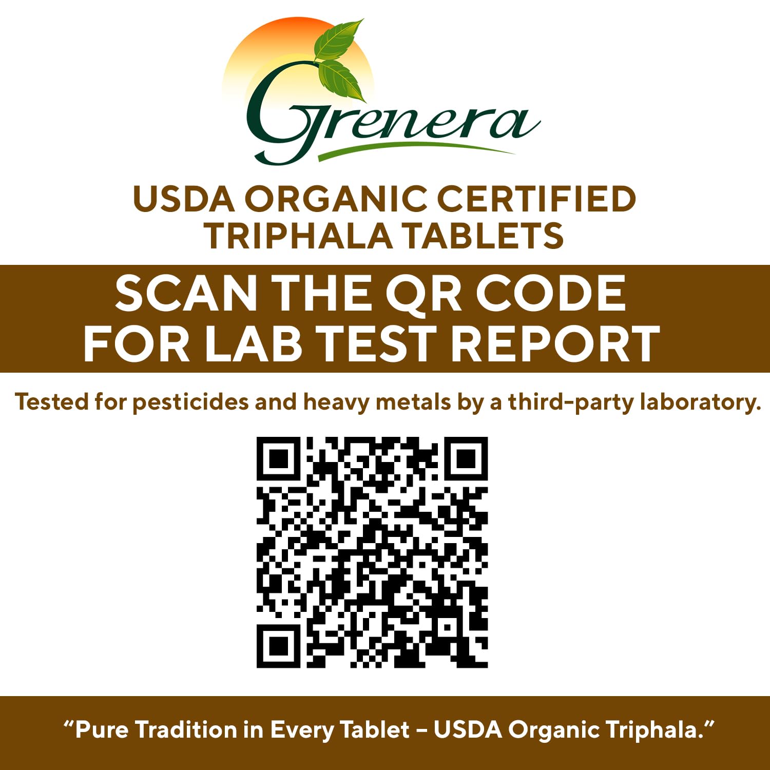 Close-up of Grenera Triphala tablets highlighting the uncoated, plant-based formula.